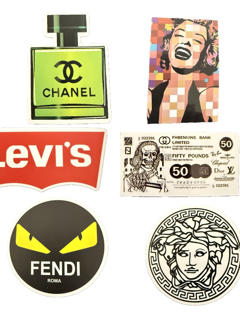 Luxury Fashion Parody Sticker Lot Chanel Fendi Versace Levi’s Pop Art Decals